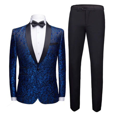 Stylish Banquet Dress Suit Set features blue and black tuxedo jacket for men’s wedding
