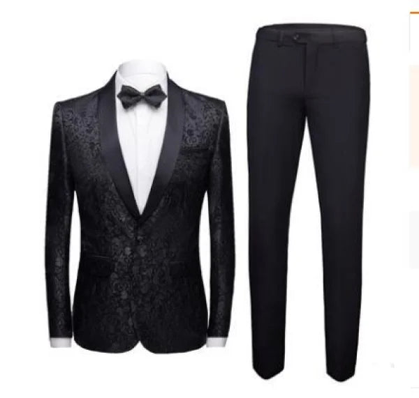 Black tuxedo wedding dress suit set for men with green fruit patterned collar