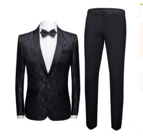 Stylish Black Tuxedo Suit Set for Men with Patterned Jacket, Ideal for Wedding Dress Suits