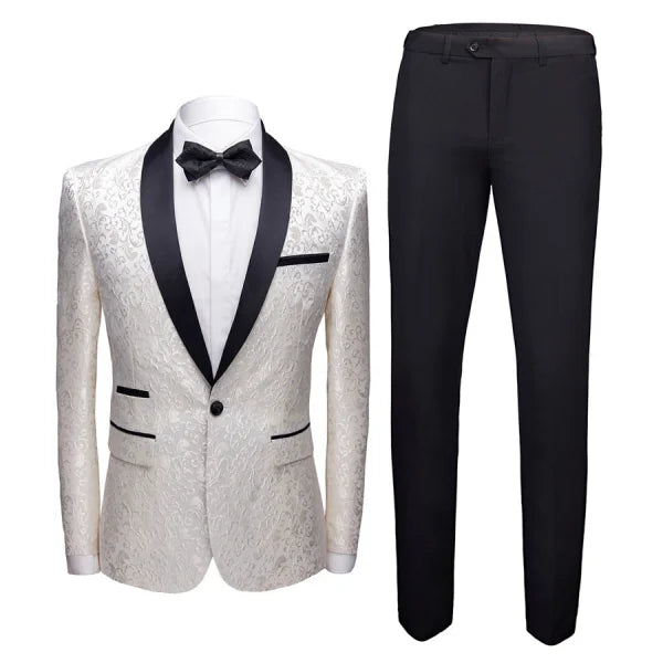 Formal white tuxedo jacket with black lapels, part of Stylish Men’s Dress Suit Set