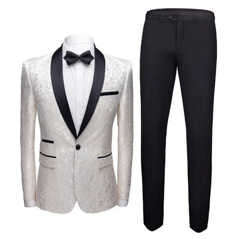 Formal white tuxedo jacket with black lapels, part of Stylish Men’s Dress Suit Set