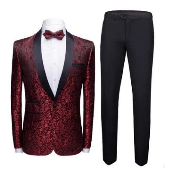 Burgundy floral tuxedo jacket with black lapels in wedding dress suit set