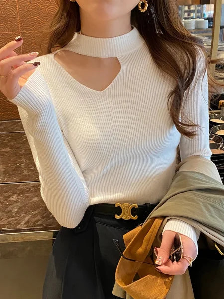 Basic Hollow Out Women’s Sweater - Slim Fit Autumn Winter Knitted Pullover Jumper 2025 - One Size / WHITE