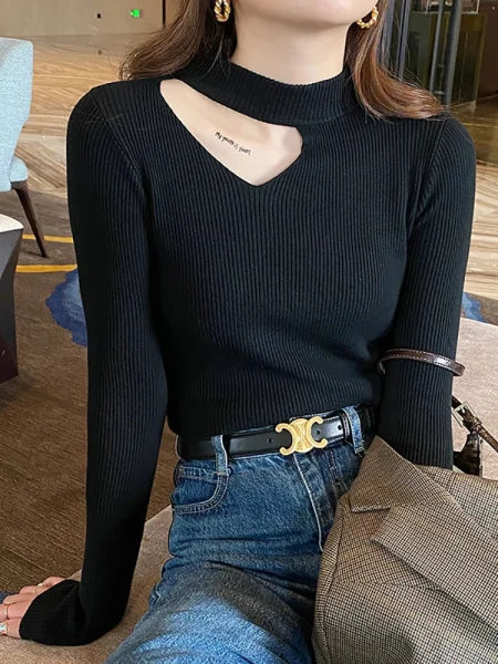 Basic Hollow Out Women’s Sweater - Slim Fit Autumn Winter Knitted Pullover Jumper 2025 - One Size / black