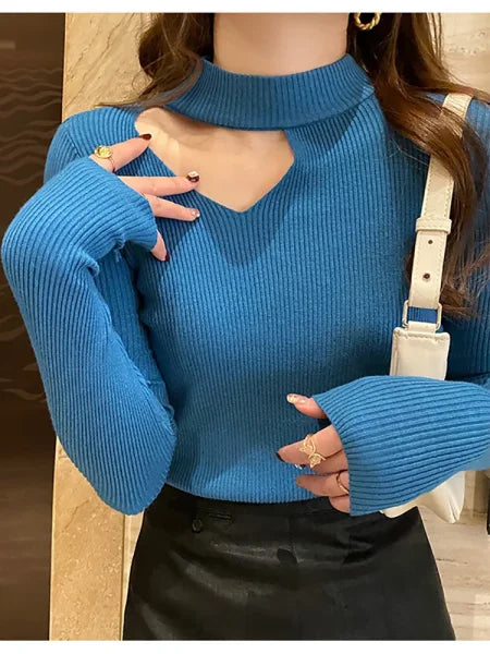 Basic Hollow Out Women’s Sweater - Slim Fit Autumn Winter Knitted Pullover Jumper 2025 - One Size / Blue