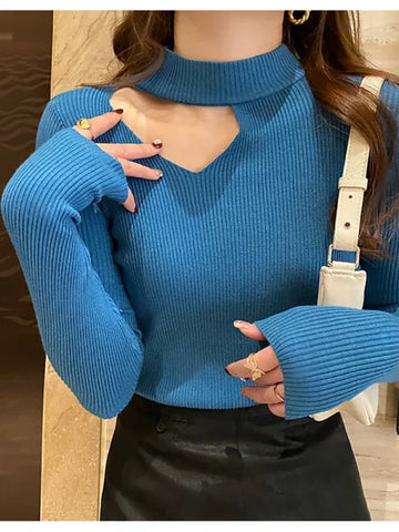 Basic Hollow Out Women’s Sweater - Slim Fit Autumn Winter Knitted Pullover Jumper 2025 - One Size / Blue