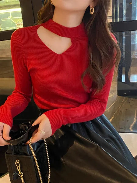 Basic Hollow Out Women’s Sweater - Slim Fit Autumn Winter Knitted Pullover Jumper 2025 - One Size / Red