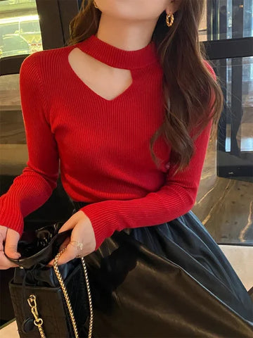 Basic Hollow Out Women’s Sweater - Slim Fit Autumn Winter Knitted Pullover Jumper 2025 - One Size / Red