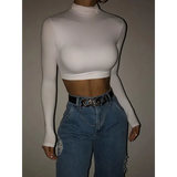Women’s Basic Solid Turtleneck T-Shirt – Autumn Stretch Casual Crop Top