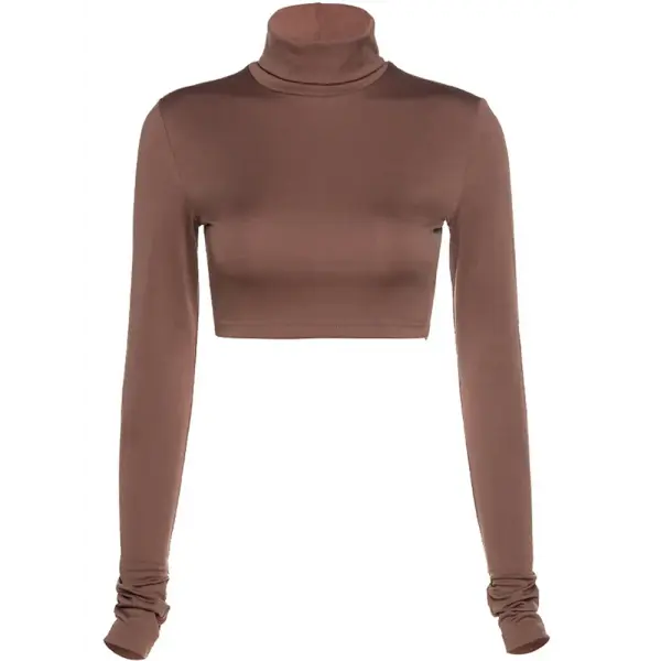 Women’s Basic Solid Turtleneck T-Shirt – Autumn Stretch Casual Crop Top