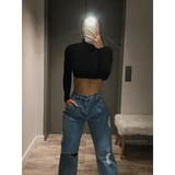 Women’s Basic Solid Turtleneck T-Shirt – Autumn Stretch Casual Crop Top