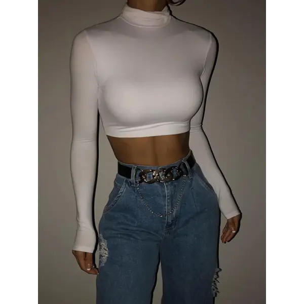 Women’s Basic Solid Turtleneck T-Shirt – Autumn Stretch Casual Crop Top - WHITE / M