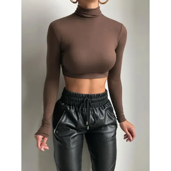 Women’s Basic Solid Turtleneck T-Shirt – Autumn Stretch Casual Crop Top