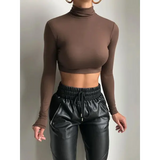 Women’s Basic Solid Turtleneck T-Shirt – Autumn Stretch Casual Crop Top
