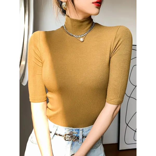 Women’s Basic Turtleneck Slim T-Shirt – Short Sleeve Casual White Tee - Yellow / M