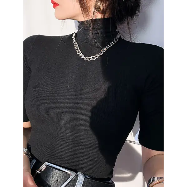 Women’s Basic Turtleneck Slim T-Shirt – Short Sleeve Casual White Tee