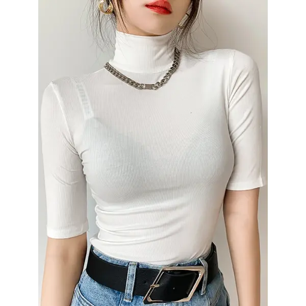 Women’s Basic Turtleneck Slim T-Shirt – Short Sleeve Casual White Tee