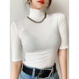 Women’s Basic Turtleneck Slim T-Shirt – Short Sleeve Casual White Tee