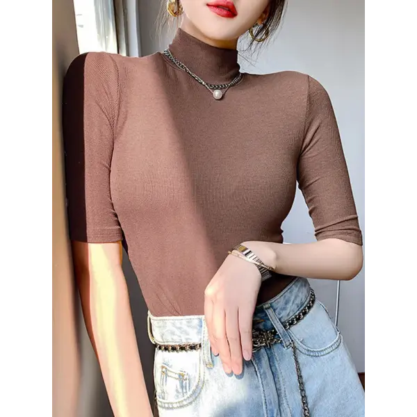 Women’s Basic Turtleneck Slim T-Shirt – Short Sleeve Casual White Tee