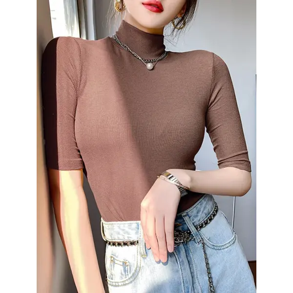 Women’s Basic Turtleneck Slim T-Shirt – Short Sleeve Casual White Tee - Coffee / M
