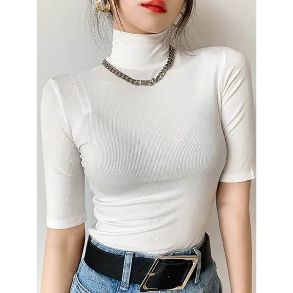 Women’s Basic Turtleneck Slim T-Shirt – Short Sleeve Casual White Tee - WHITE / M
