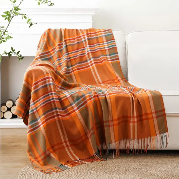 Battilo Plaid Throw Blanket for Bed Couch Orange Lightweight Sofa Blanket Cashmere Blankets with Tassels Fall Throw
