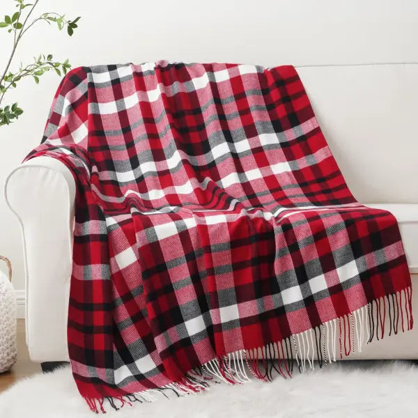 Battilo Plaid Throw Blanket for Bed Couch Orange Lightweight Sofa Blanket Cashmere Blankets with Tassels Fall Throw