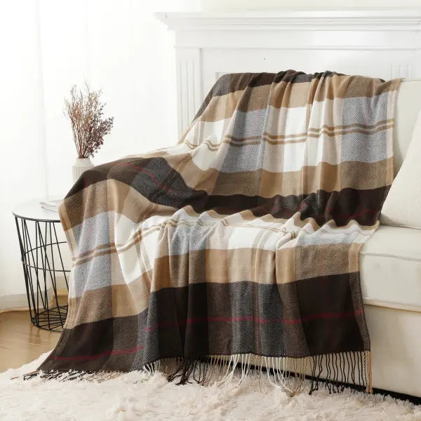 Battilo Plaid Throw Blanket for Bed Couch Orange Lightweight Sofa Blanket Cashmere Blankets with Tassels Fall Throw