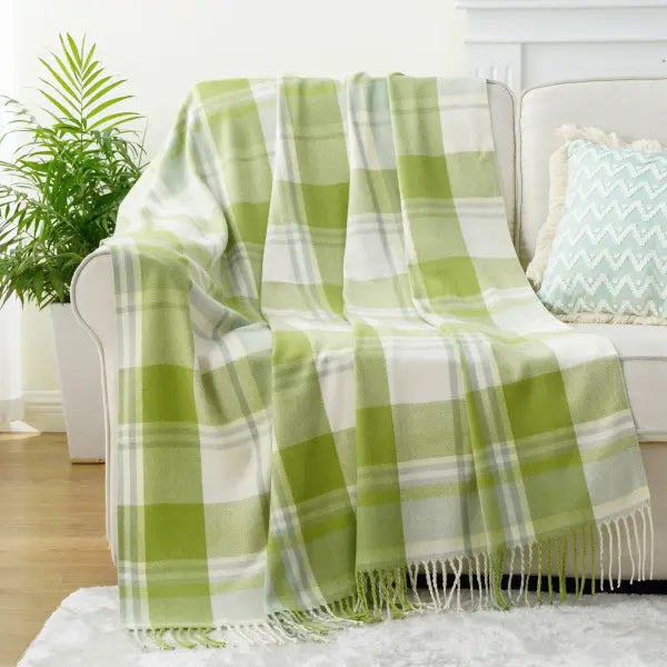 Battilo Plaid Throw Blanket for Bed Couch Orange Lightweight Sofa Blanket Cashmere Blankets with Tassels Fall Throw