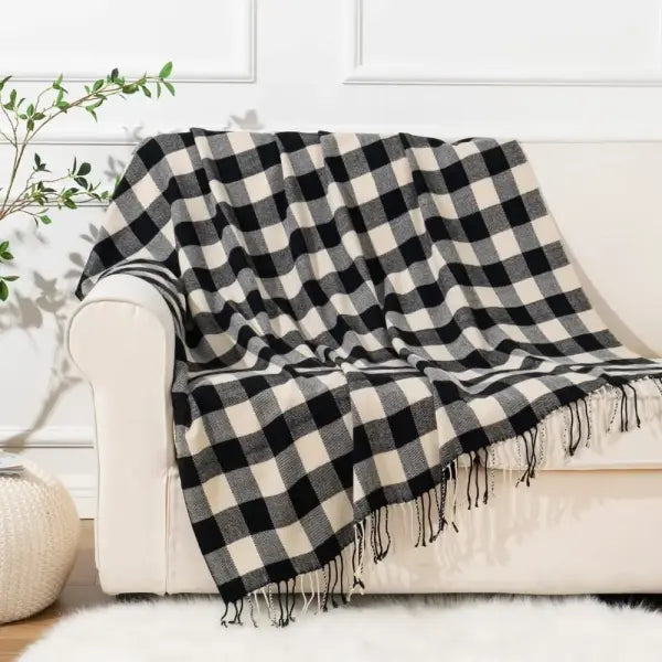 Battilo Plaid Throw Blanket for Bed Couch Orange Lightweight Sofa Blanket Cashmere Blankets with Tassels Fall Throw