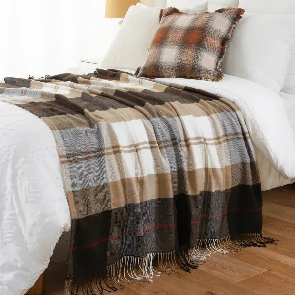 Battilo Plaid Throw Blanket for Bed Couch Orange Lightweight Sofa Blanket Cashmere Blankets with Tassels Fall Throw