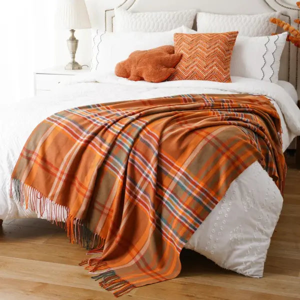 Battilo Plaid Throw Blanket for Bed Couch Orange Lightweight Sofa Blanket Cashmere Blankets with Tassels Fall Throw