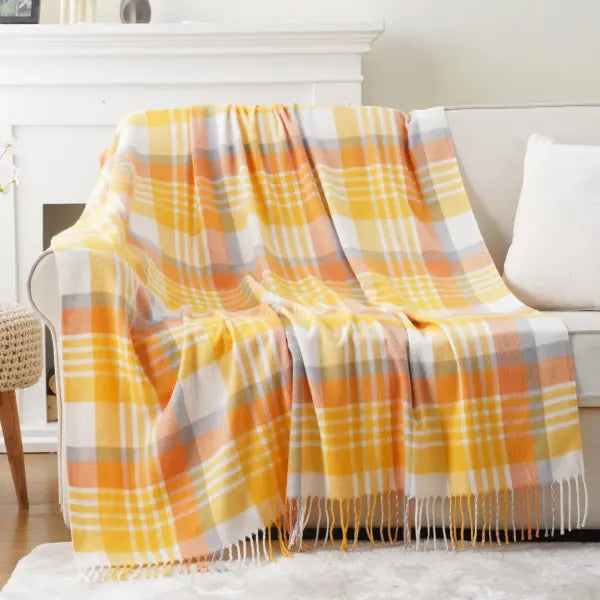 Battilo Plaid Throw Blanket for Bed Couch Orange Lightweight Sofa Blanket Cashmere Blankets with Tassels Fall Throw