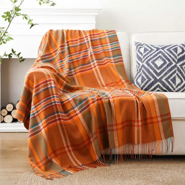 Battilo Plaid Throw Blanket for Bed Couch Orange Lightweight Sofa Blanket Cashmere Blankets with Tassels Fall Throw