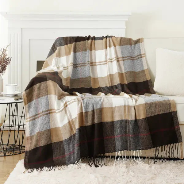 Battilo Plaid Throw Blanket for Bed Couch Orange Lightweight Sofa Blanket Cashmere Blankets with Tassels Fall Throw