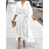 Batwing Sleeve V-neck Dress Pure Color Tied Irregular Summer Style - None