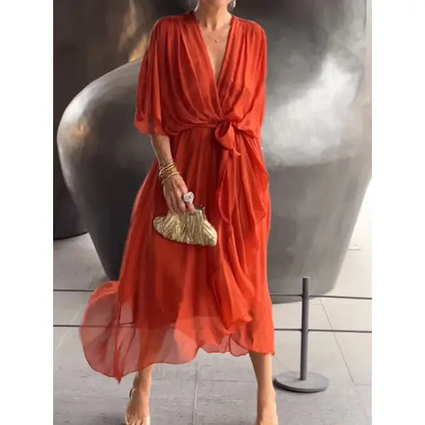 Batwing Sleeve V-neck Dress Pure Color Tied Irregular Summer Style - Orange Red / 2XL - None