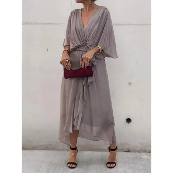 Batwing Sleeve V-neck Dress Pure Color Tied Irregular Summer Style - Gray / 2XL - None