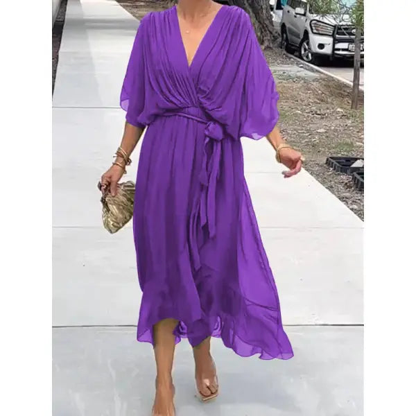 Batwing Sleeve V-neck Dress Pure Color Tied Irregular Summer Style - Purple / 2XL - None