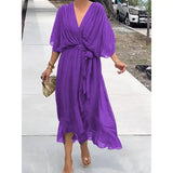 Batwing Sleeve V-neck Dress Pure Color Tied Irregular Summer Style - Purple / 2XL - None