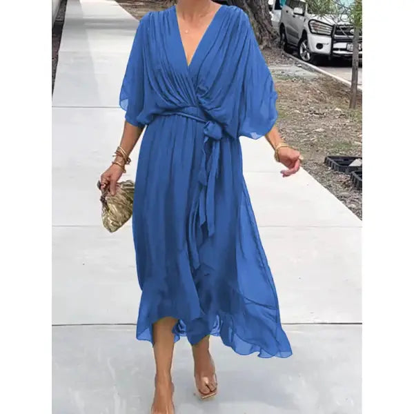 Batwing Sleeve V-neck Dress Pure Color Tied Irregular Summer Style - Blue / 2XL - None