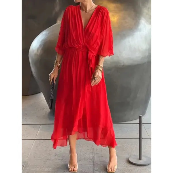 Batwing Sleeve V-neck Dress Pure Color Tied Irregular Summer Style - Red / 2XL - None
