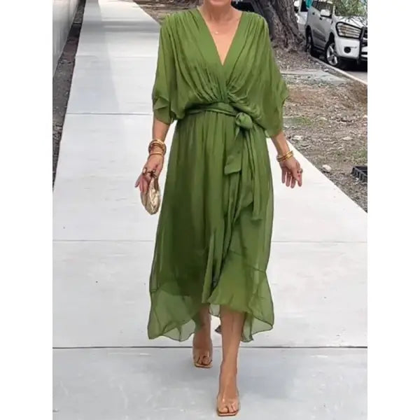 Batwing Sleeve V-neck Dress Pure Color Tied Irregular Summer Style - Green / 2XL - None