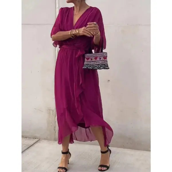 Batwing Sleeve V-neck Dress Pure Color Tied Irregular Summer Style - Purplish Red / 2XL - None