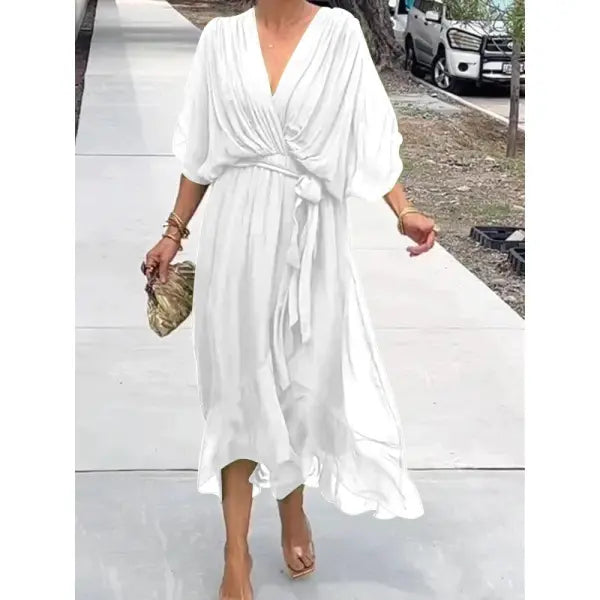 Batwing Sleeve V-neck Dress Pure Color Tied Irregular Summer Style - White / 2XL - None