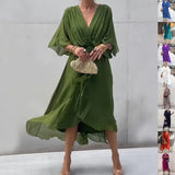 Batwing Sleeve V-neck Dress Pure Color Tied Irregular Summer Style - None