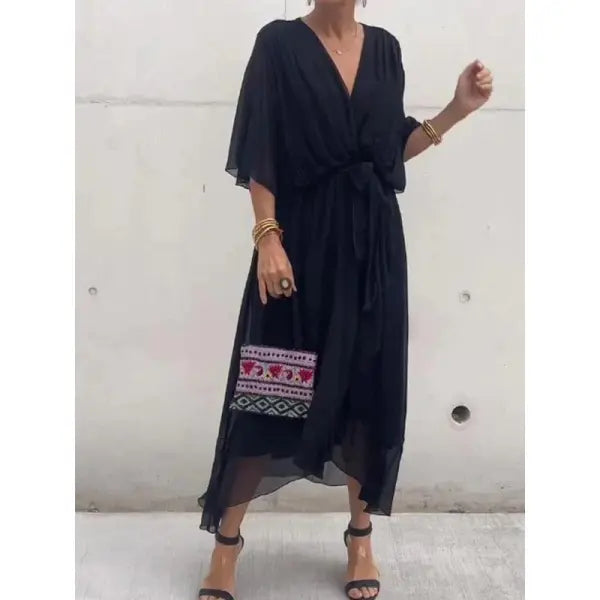 Batwing Sleeve V-neck Dress Pure Color Tied Irregular Summer Style - None