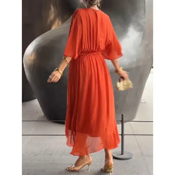 Batwing Sleeve V-neck Dress Pure Color Tied Irregular Summer Style - None