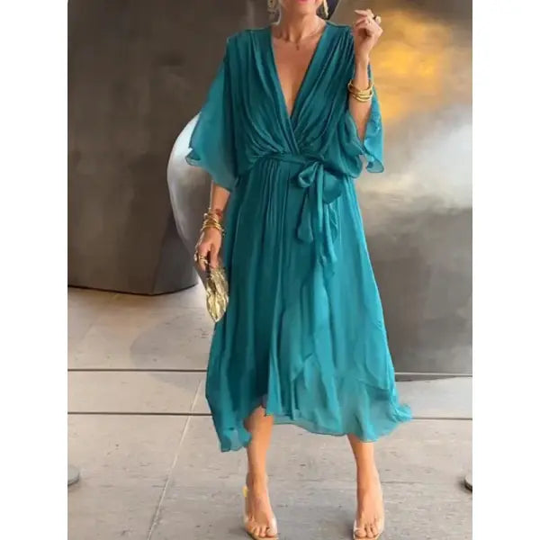 Batwing Sleeve V-neck Dress Pure Color Tied Irregular Summer Style - Lake Blue / 2XL - None