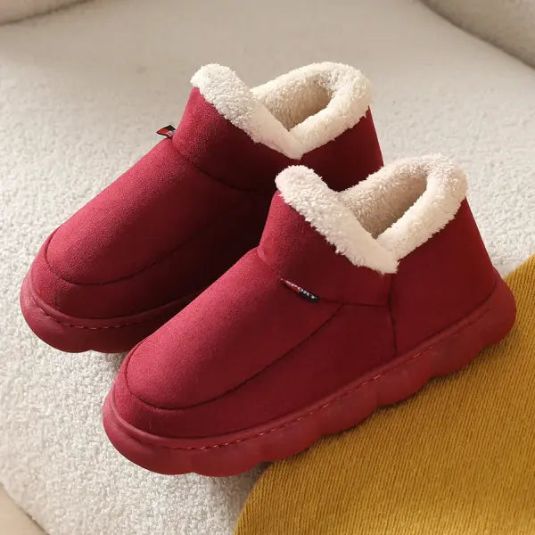 Bebealy New Winter Men’s Slippers: Warm Cotton Ankle Boots & Fluffy Outdoor Non-Slip House Shoes - A-Red1